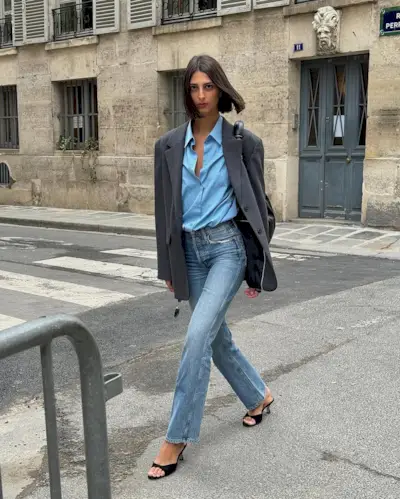 Salome in light blue straight leg jeans