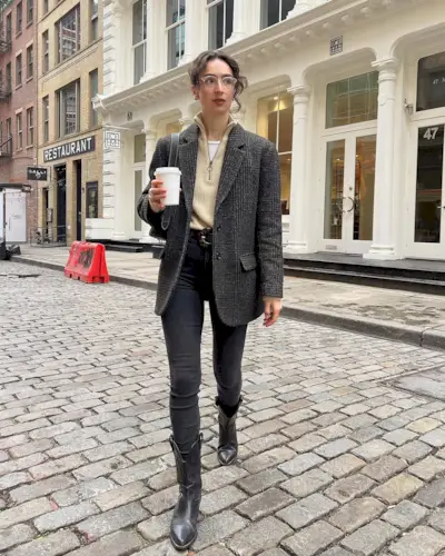 Woman wearing boots tucked into jeans trend fall 2025.