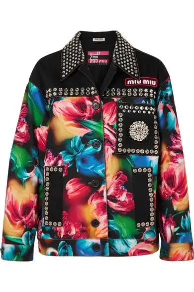 Miu Miu + Oversized Embellished Printed Denim Jacket
