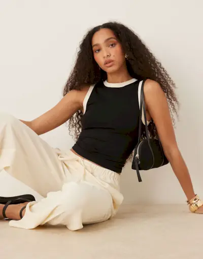 Asos Design Seamless Crew Neck Tank Top With Contrast Trims in Black