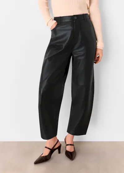 Black Leather Barrel Leg Trouser