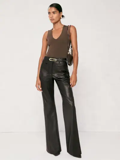 Leather High-Rise Flared Trousers in Black