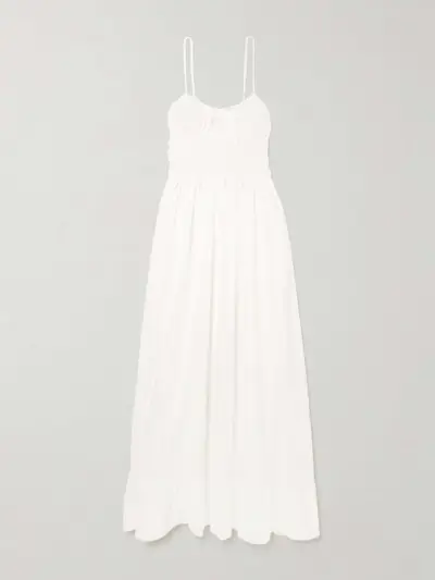 Meline Lace-Trimmed Pintucked Shirred Cotton-Voile Maxi Dress