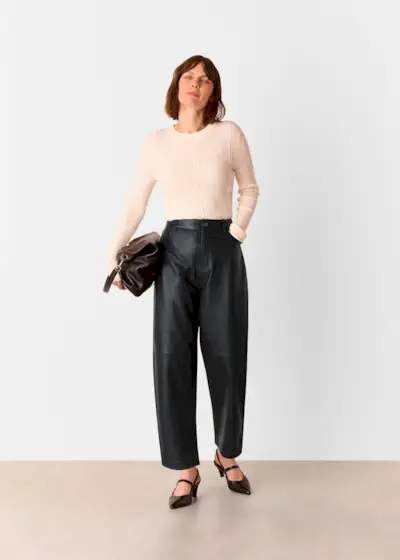 Black Leather Barrel Leg Trouser