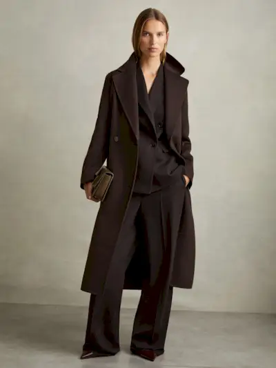 Wool Blend Double Breasted Blindseam Coat in Chocolate