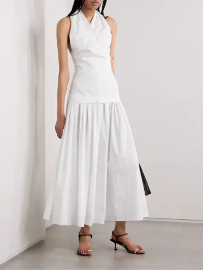 Quinn Tiered Checked Embroidered Cotton Halterneck Maxi Dress