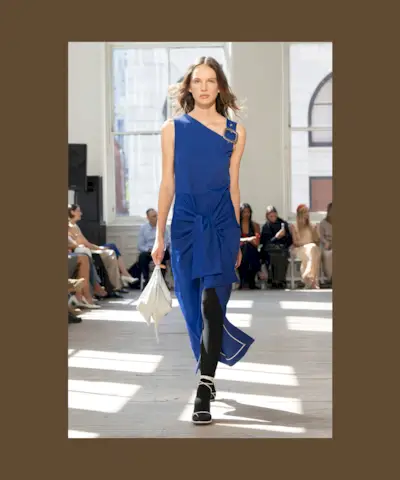 A brown backdrop with flashing images from the S/S 25 Proenza Schouler show, showcasing tights being styled with sandals and dresses for spring.