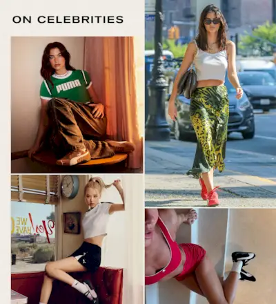 Collage of celebrities wearing PUMA Speedcat OG shoe.