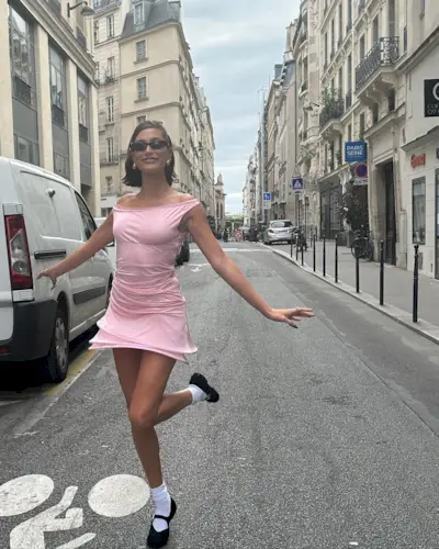 An image of @haileybieber wearing the best ballet flats with straps.