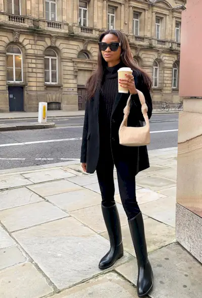 best riding boots shown in a photo of a woman standing outside wearing a boxy black blazer over a black turtleneck with black skinny jeans and black knee-high boots