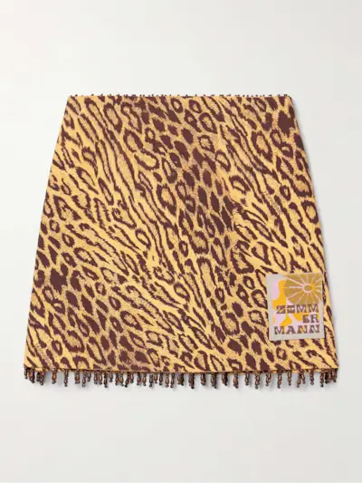 Coco Bead-Embellished Appliquéd Leopard-Print Cotton Mini Skirt