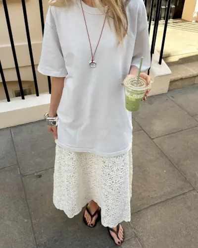 woman wearing white lace midi skirt summer 2025