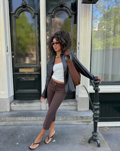 woman wearing chocolate brown capris summer 2025