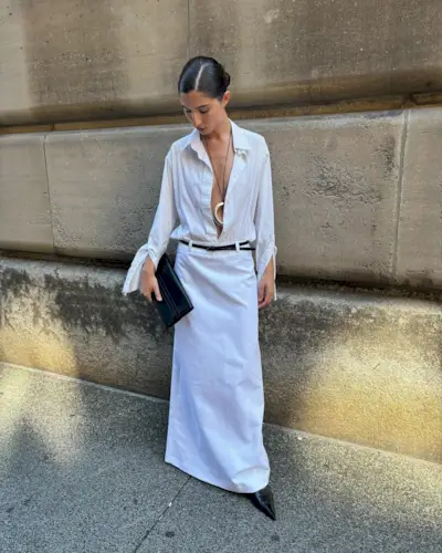woman wearing white button-down shirt and white maxi skirt summer 2025