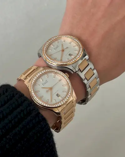  @elizagracehuber wearing two Piaget watches, one in rose gold with diamonds and one with steel and rose golds and diamonds.