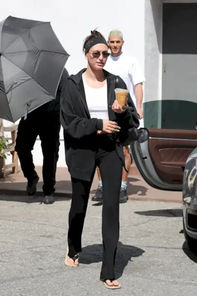Hailey bieber wears a leggings outfit to pilates in L.A.