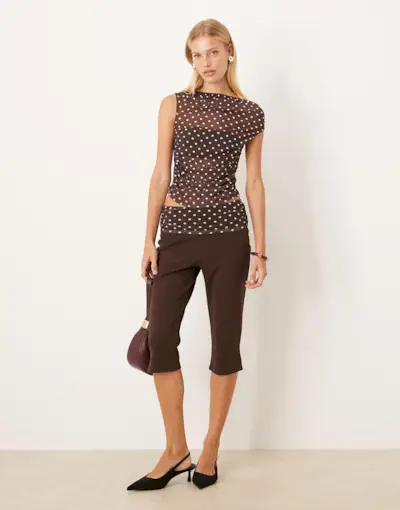 Asos Design Co-Ord Capri Trousers With Mesh Detail in Brown Polka Dot