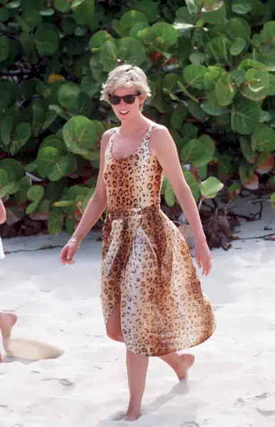 Princess Diana wears a leopard print dress while on holiday in the Caribbean in 1990.
