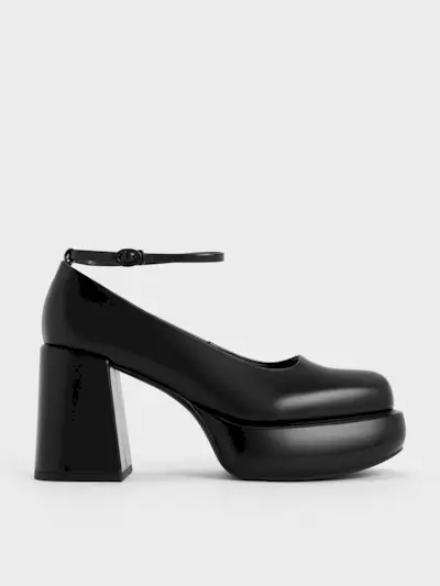 Charles & Keith + Black Boxed Monique Ankle-Strap Platform Pumps