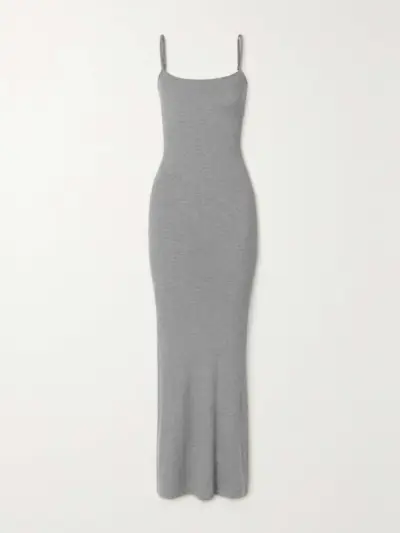 Soft Lounge Ribbed Long Stretch-Modal Slip Dress - Heather Grey