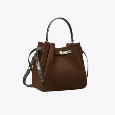 Romy Suede Bucket Bag in Brown, Size Os