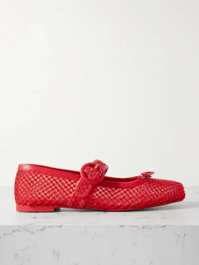 Mamastrapitina Crystal-Embellished Leather-Trimmed Mesh Ballet Flats