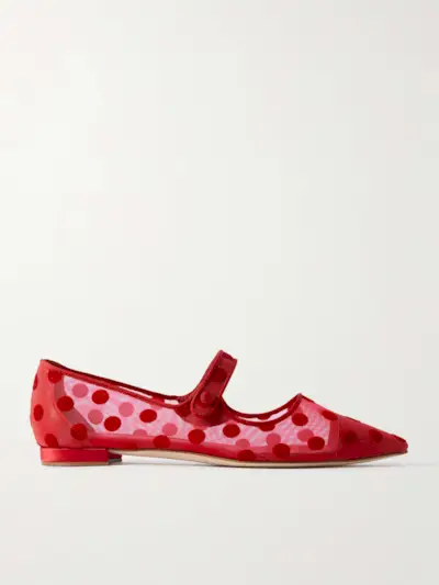 Campari Grosgrain-Trimmed Flocked Mesh Ballet Flats
