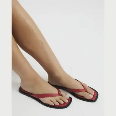 Red Leather Flip Flop Flat Sandals