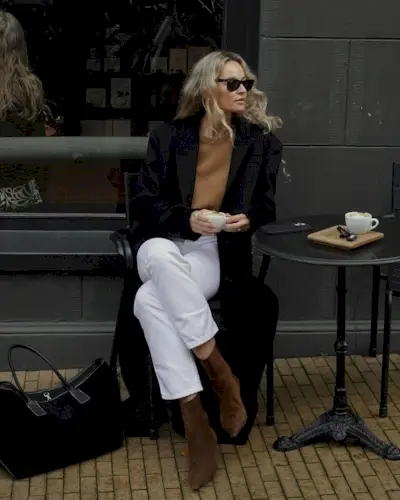 Anouk wearing brown suede boots