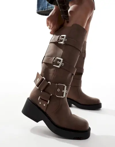 Asos Design Captain Multi-Buckle Biker Knee Boots in Brown