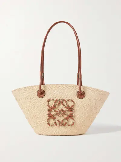 + Paula's Ibiza Anagram Small Leather-Trimmed Woven Raffia Tote
