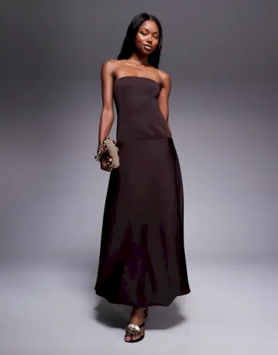 Asos Design Dropped Waist Puffball Maxi Dress in Chocolate