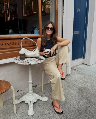 Woman wearing khaki denim trend 2025.