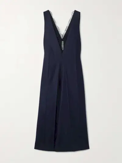 Chantilly Lace-Trimmed Wool-Flannel and Crinkled-Satin Midi Dress