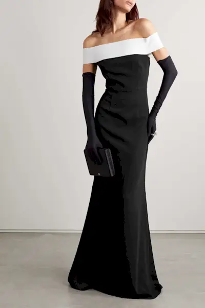 Roland Mouret + Off-The-Shoulder Two-Tone Stretch-Cady Gown