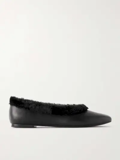 Faux Fur-Trimmed Leather Ballet Flats