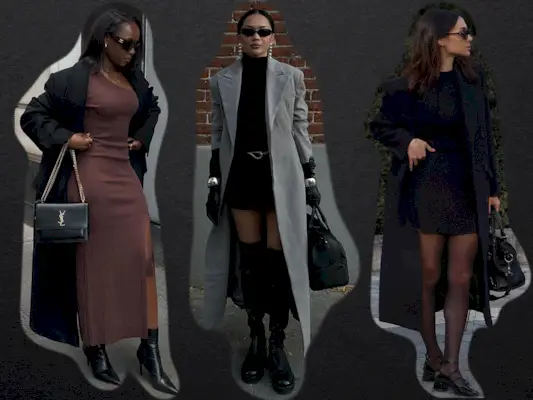 how to wear dresses in the winter shown in a collage of women wearing dresses