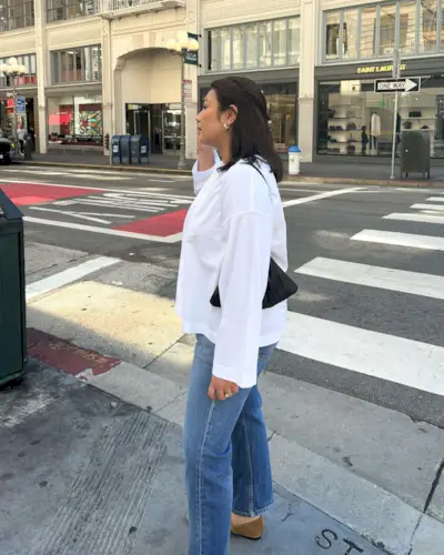 An image of @marina_torres wearing an example of what clean girl aesthetic fashion looks like in 2025.