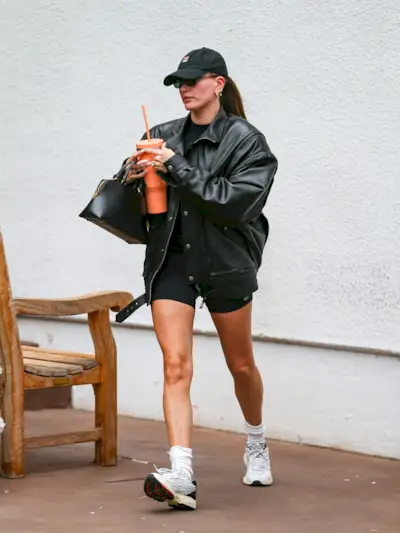 An image of Hailey Bieber wearing staples of the clean girl aesthetic.
