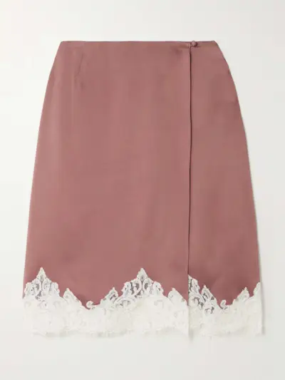 Lace-Trimmed Satin Midi Wrap Skirt