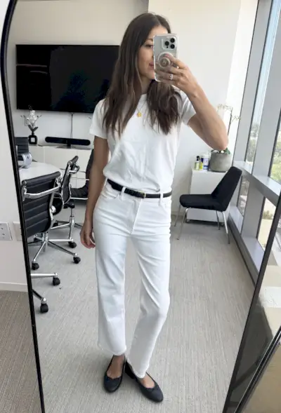 Judith Jones in white Frame jeans, ballet flats and t-shirt