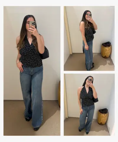 An image of Mommy's Reviews SEO Writer Ava Gilchrist wearing Reformation as part of the great try on.