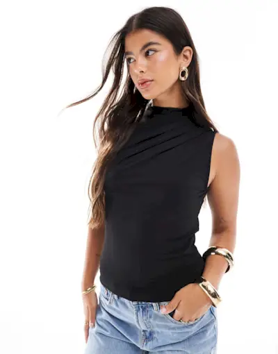 Pieces Drape Neck Sleeveless Top in Black