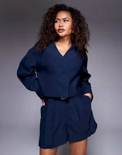 Asos Design Tailored Cropped Textured Blazer Co-Ord in Navy