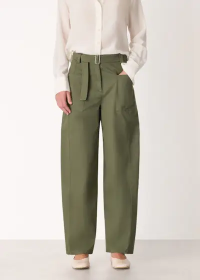 Khaki Belted Cotton Barrel Trouser