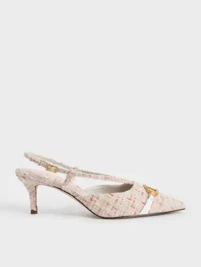 Charles & Keith + Cream Metallic Accent Tweed Slingback Pumps