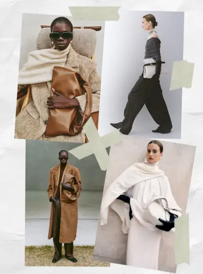 affordable quiet luxury brand, source unknown, shown in a collage of image of models