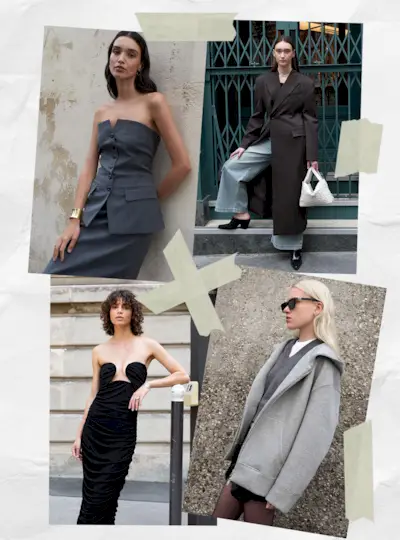 affordable quiet luxury brand, pixie market, shown in a collage of image of models