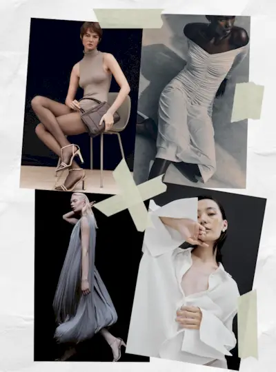 affordable quiet luxury brand, ninety percent, shown in a collage of image of models