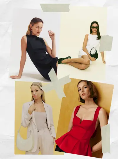 affordable quiet luxury brand, reformation, shown in a collage of image of models